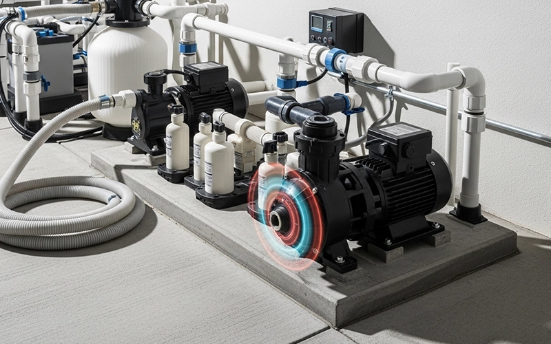 Clean pool equipment system running smoothly with steady circulation after repair checks