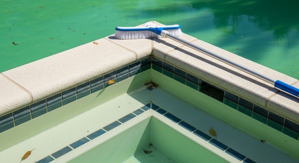 Pool brush positioned near steps and corners where algae collects in a Scottsdale pool.