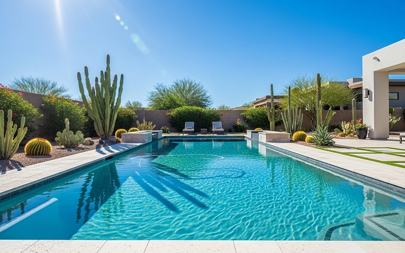 Bright crystal clear pool water with sharp sunlight patterns showing a finished polished look.