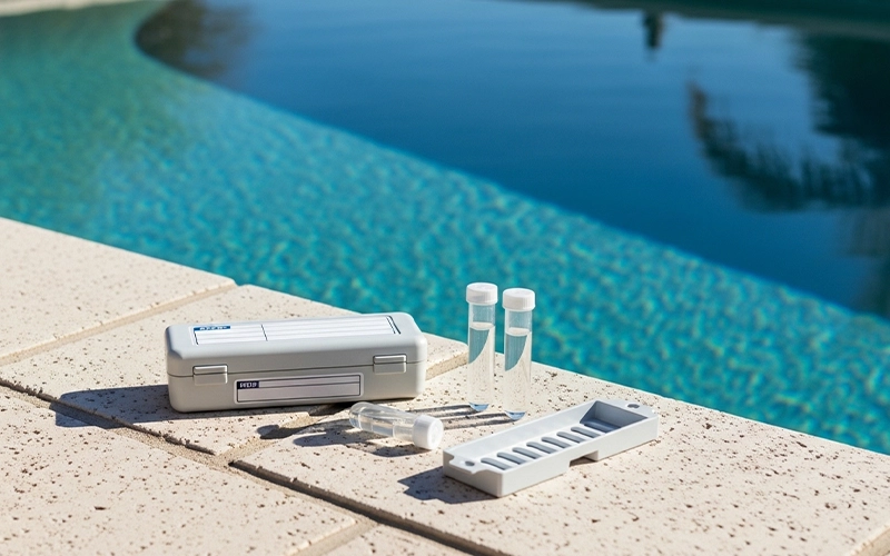 Pool test kit and sample tubes beside clear water for baseline testing in Scottsdale, AZ