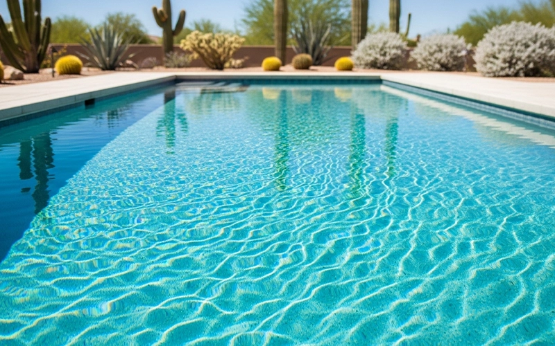Bright crystal clear pool water in Scottsdale, AZ showing polished clarity after filtration works.