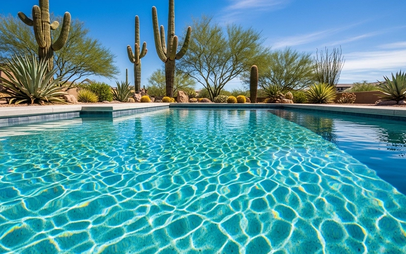 Bright crystal clear Scottsdale pool water with sharp sunlight patterns showing water clears faster and holds better