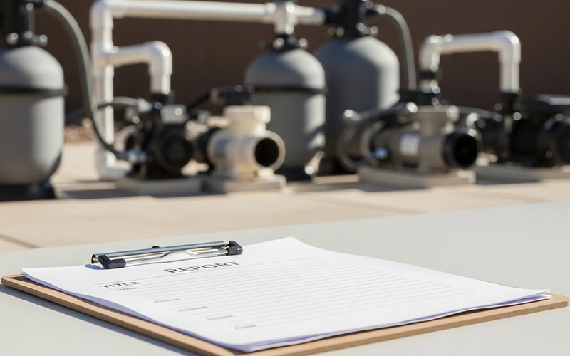 Clipboard with blank next-step report beside pool equipment showing clear direction in Scottsdale, AZ