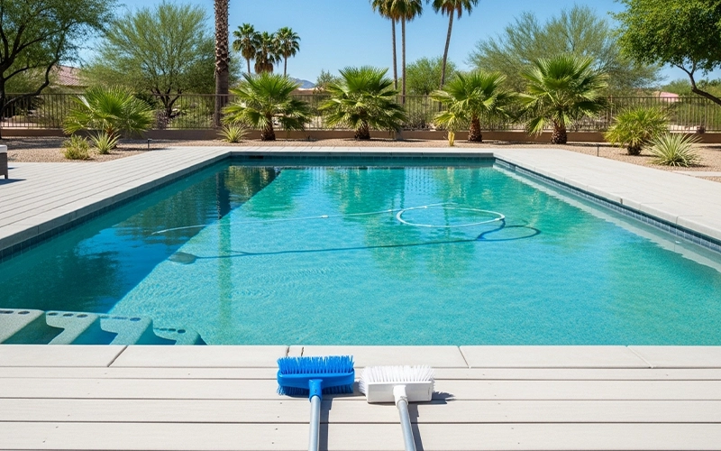 Pool brush and vacuum head arranged on a clean deck beside clear Scottsdale pool water.
