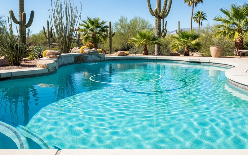 Crystal clear Scottsdale pool with calm ripples showing a stable baseline that makes maintenance simpler