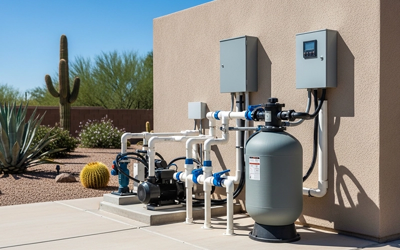 Wide view of a clean Scottsdale pool equipment pad for inspection and symptom review