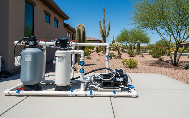 Wide view of a clean Scottsdale pool equipment pad for equipment maintenance inspection and symptom review