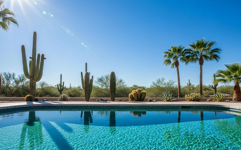 Crystal clear Scottsdale pool under intense summer sun showing fewer algae and cloudy-water cycles