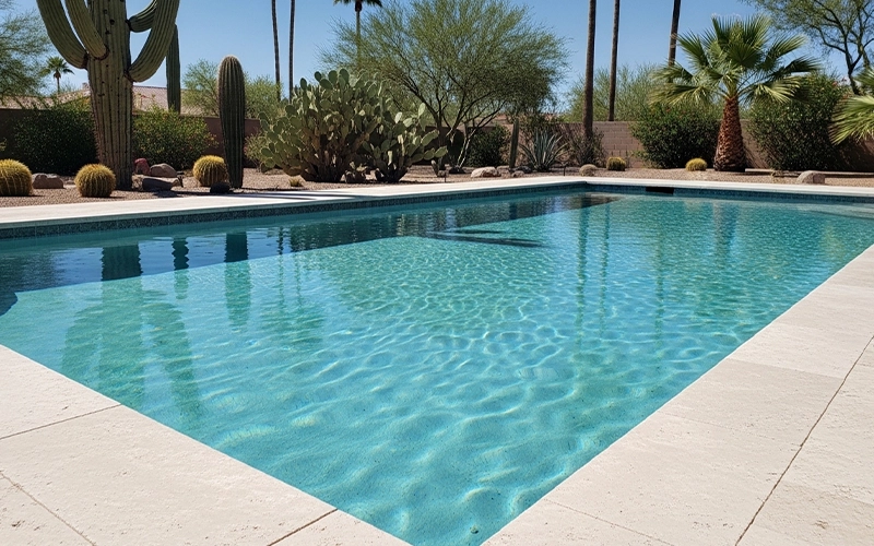 Crystal clear Scottsdale backyard pool with calm ripples showing predictable low-stress ownership