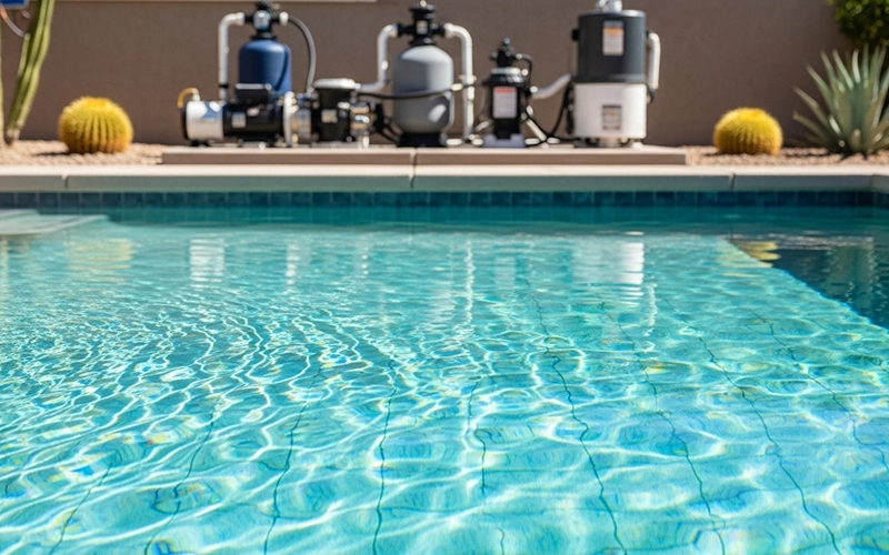 Clear pool water with clean equipment pad nearby supporting stable chemistry week to week.