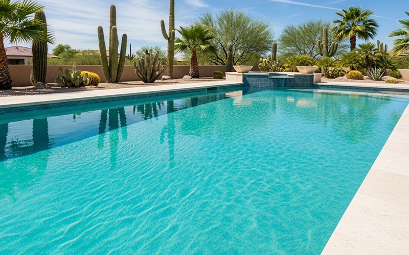 Crystal clear Scottsdale pool with calm ripples showing fewer recurring problems