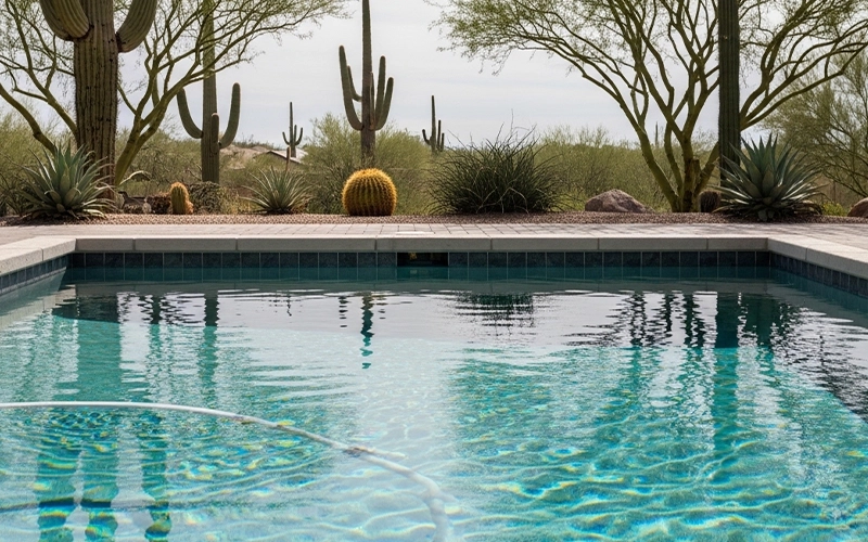 Pool water improving from cloudy to clear after filter service in Scottsdale, AZ