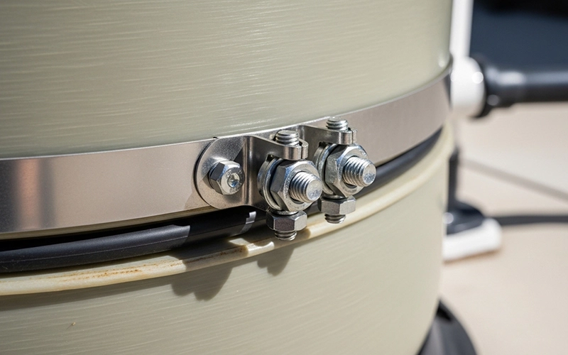 Pool filter band clamp and seal area showing a key inspection point for filter repair.