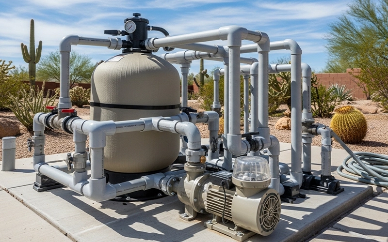 Clean pool filter system on a Scottsdale equipment pad showing reliable filter repair support