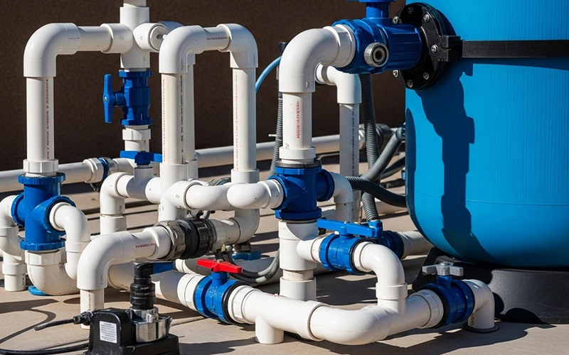 Close-up of clean pool valves and PVC unions showing restriction-free flow paths.