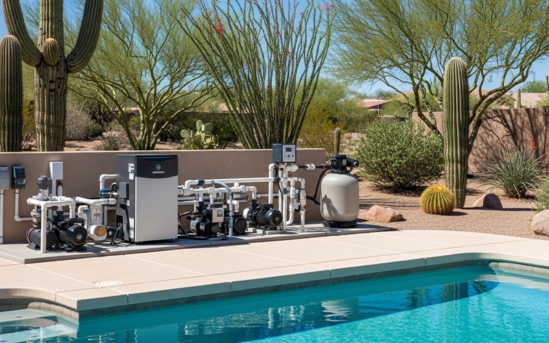 Pool heater unit on a Scottsdale equipment pad with pool water nearby showing heating impacts pool time.