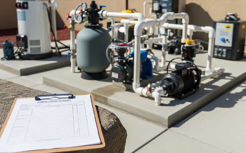 Clipboard with blank inspection report beside pool equipment showing findings in Scottsdale