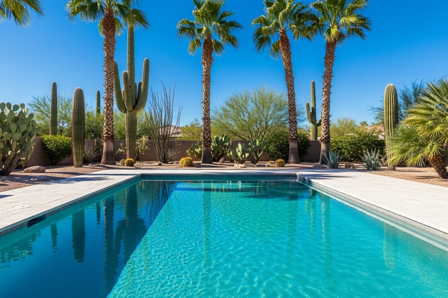 Crystal clear Scottsdale backyard pool with desert landscaping showing season-smart maintenance