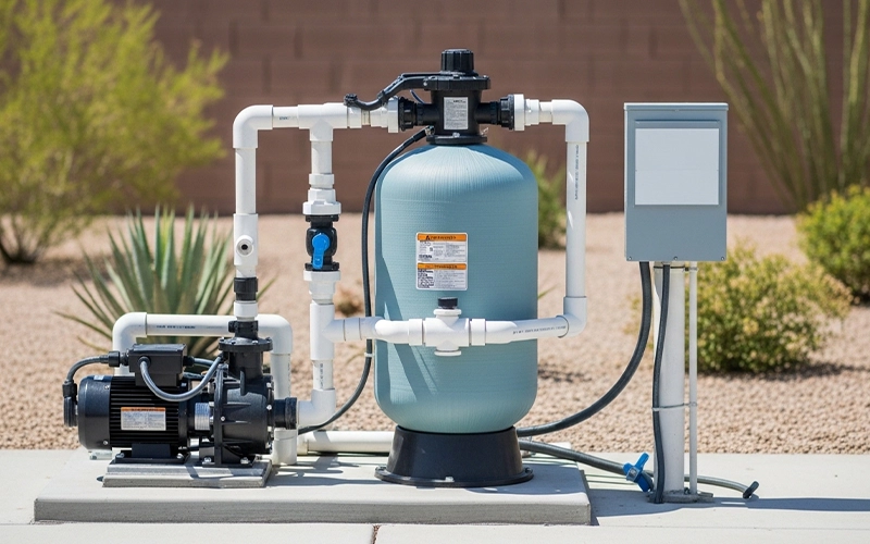 Clean Scottsdale pool equipment pad showing pump, filter, and controls for diagnosing issues.