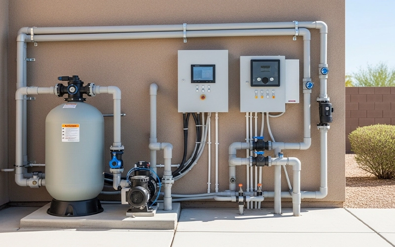 Automation control panel with pump and filter system showing controls behaving as intended in Scottsdale, AZ