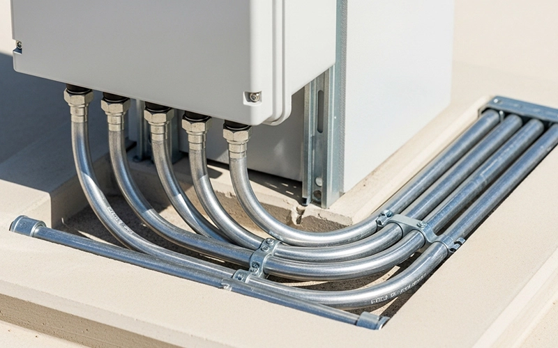 Pool pump electrical control box and conduit on equipment pad for basic electrical checks.