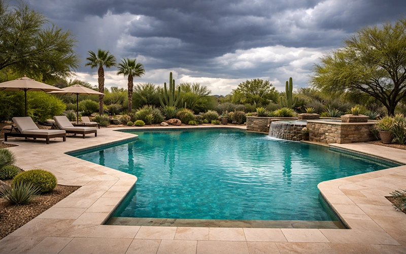 Scottsdale pool with clear water under monsoon clouds showing year-round stability.