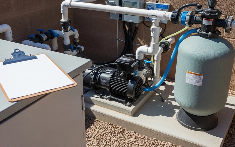 Clipboard with blank service notes beside clean pool equipment suggesting clear diagnostics.