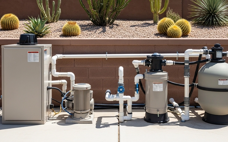 Pool heater with pump and filter system on a clean Scottsdale equipment pad showing steady safe operation