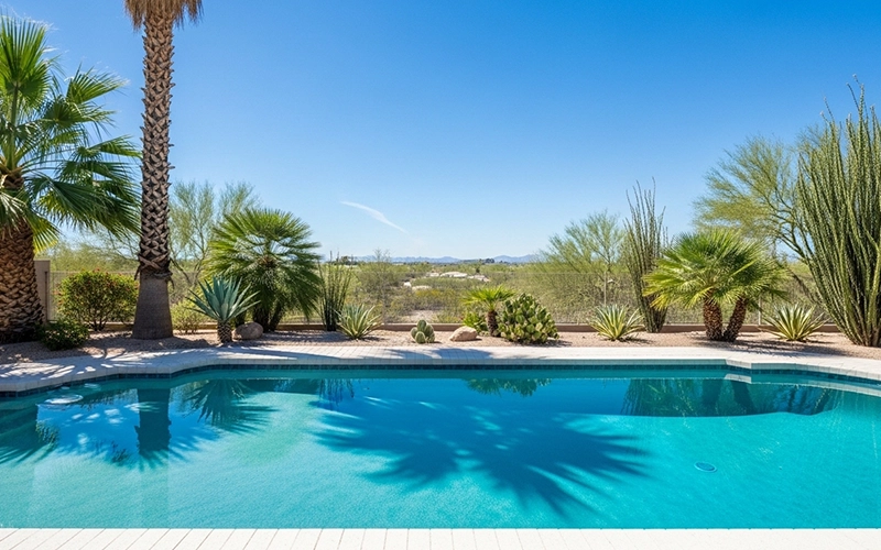 Clear Scottsdale pool under intense summer sun with desert landscaping.