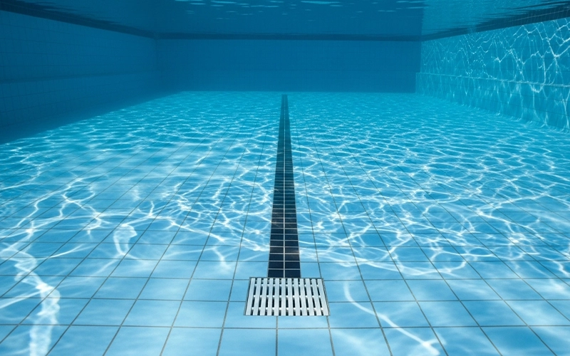 Clear pool floor with visible main drain showing stable water clarity.