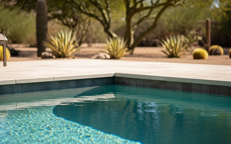 Scottsdale pool corner with crystal clear water and clean deck looking inviting to swim.
