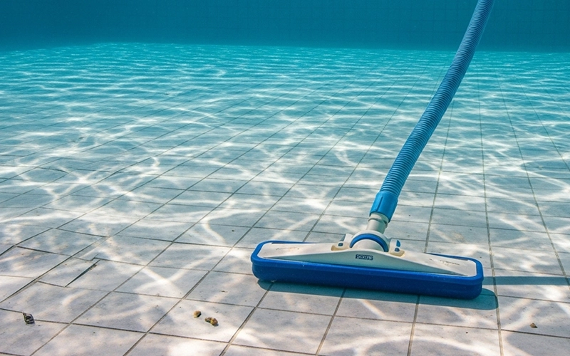 Pool vacuum head moving across the floor of a clear backyard pool in Scottsdale.