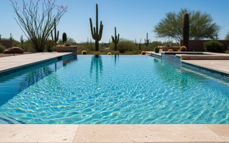 Bright crystal clear pool water in Scottsdale, AZ with sharp sunlight patterns.