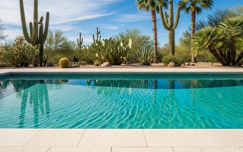 Crystal clear Scottsdale backyard pool with calm ripples showing consistent water quality week to week