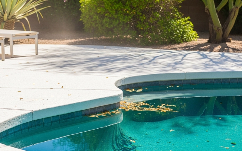 Scottsdale pool with light desert dust showing care adapted for wind and dust
