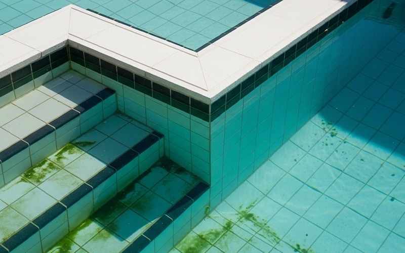 Pool steps and corner with faint green tint showing algae can start in low-flow zones when chemistry drifts