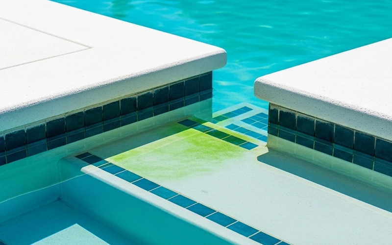 Pool steps and corner showing faint green tint in low-flow zones where algae starts in Scottsdale