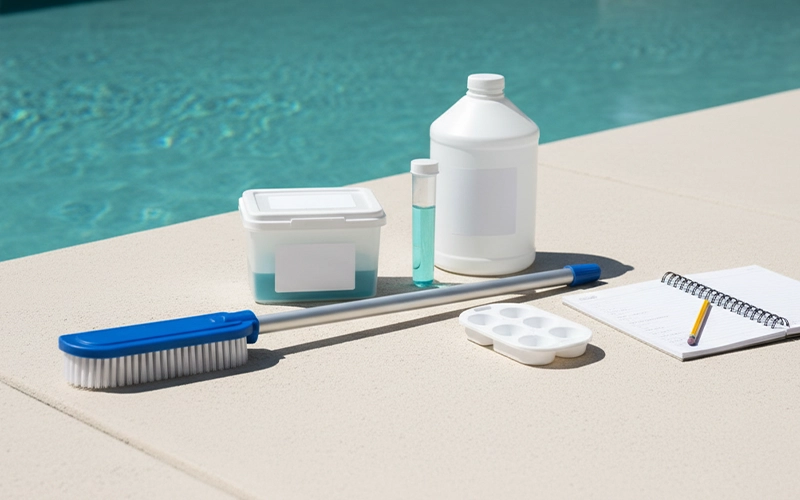 Pool test kit and sample tube beside clear water showing chemistry adjustments based on real testing in Scottsdale