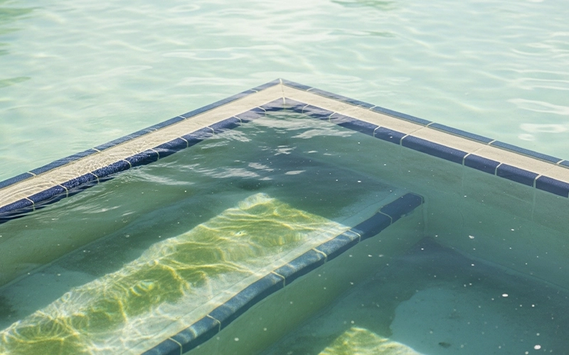 Pool steps and corner with faint green tint showing where algae keeps coming back in Scottsdale