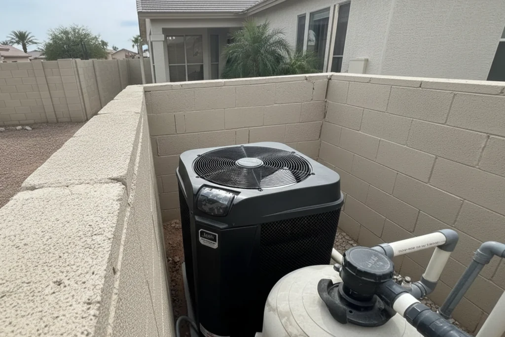 : Jandy VersaTemp pool heat pump installed in a narrow outdoor equipment area beside a block wall, with the top fan grille and unit housing clearly visible.