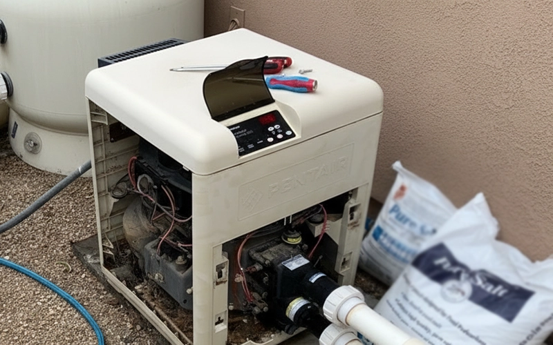 Pool heater with the front panel open during service, showing internal components, control panel, tools on top, and connected plumbing beside an outdoor equipment pad.