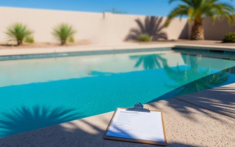 Clipboard with a pool inspection checklist on the deck beside a clean backyard swimming pool, with pool equipment visible in the background.