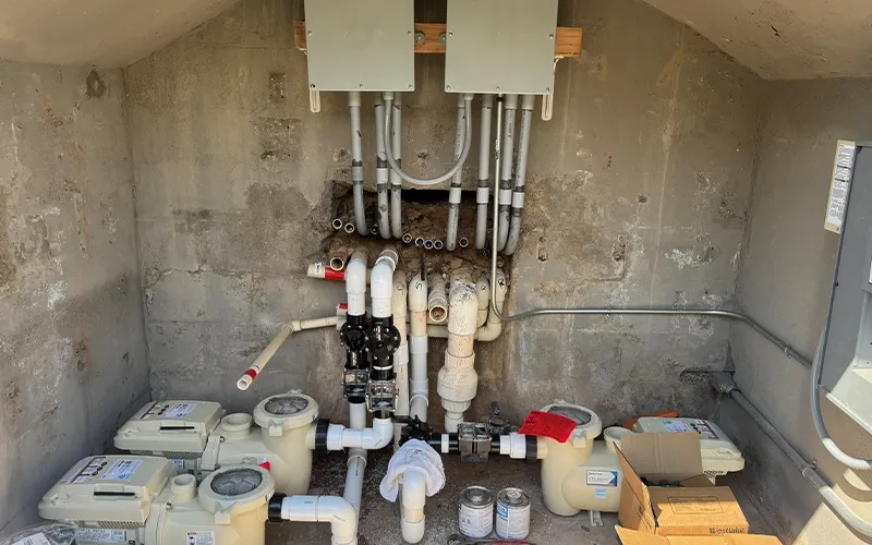 Clean pool equipment system running smoothly with steady circulation after repair checks