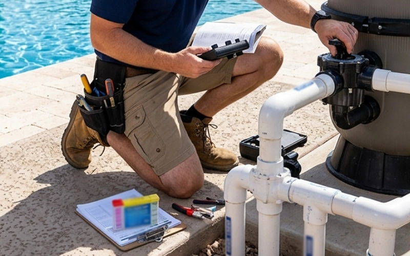 Pool technician checking pool pump, filter, pressure gauge, and circulation equipment