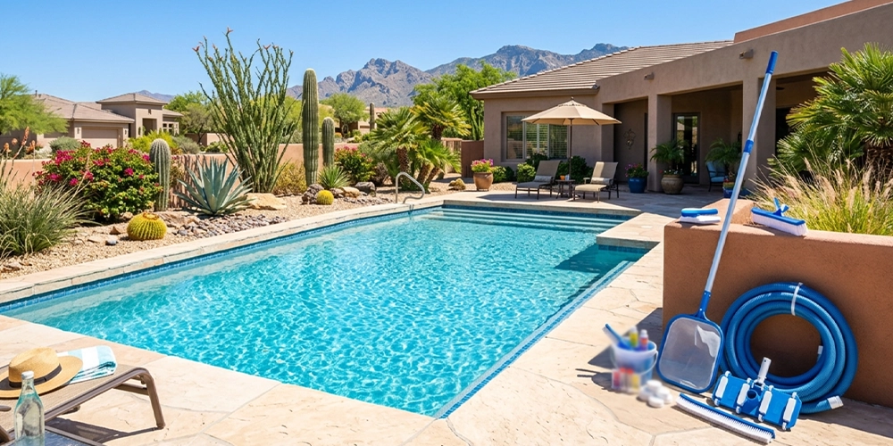 Weekly pool cleaning setup beside a clean Arizona backyard swimming pool