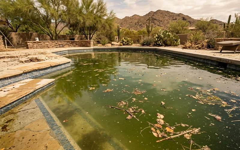 Green cloudy pool water after a storm needing more than surface skimming