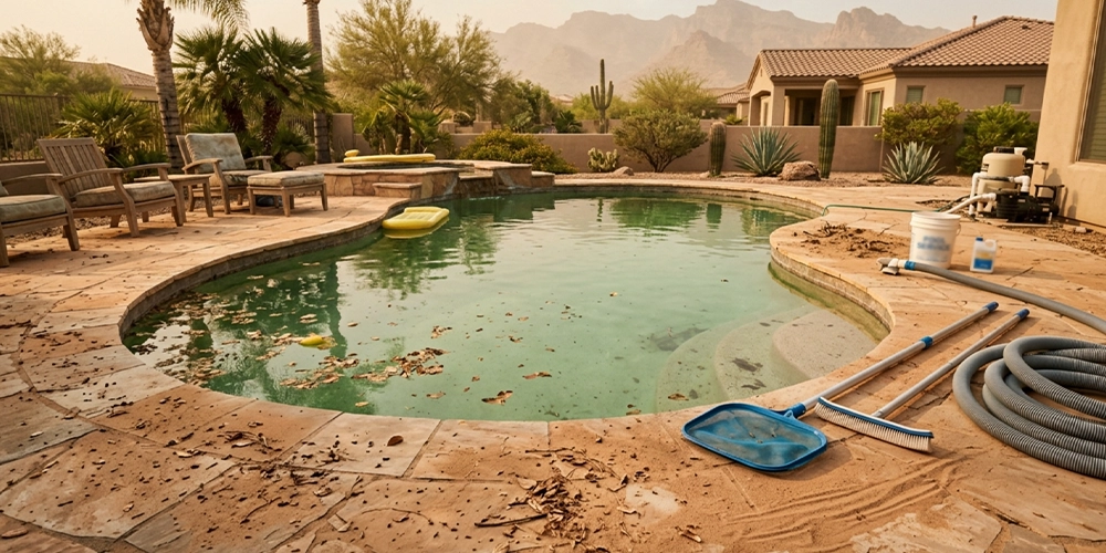 Arizona pool with green cloudy water after a dust storm