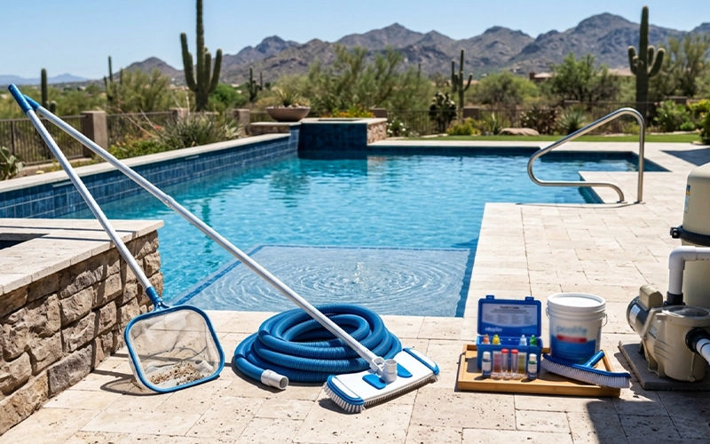 Pool maintenance checklist setup beside a clean Arizona backyard pool