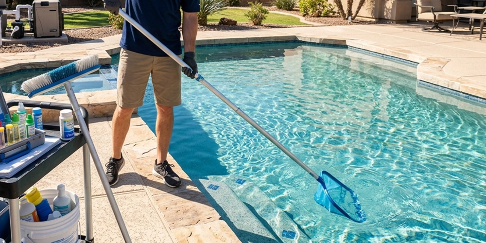 Professional pool cleaning service with tools, water testing, and clear residential pool care
