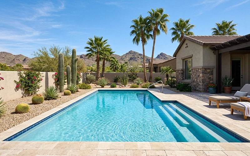 Clear blue pool water in an Arizona backyard with desert landscaping